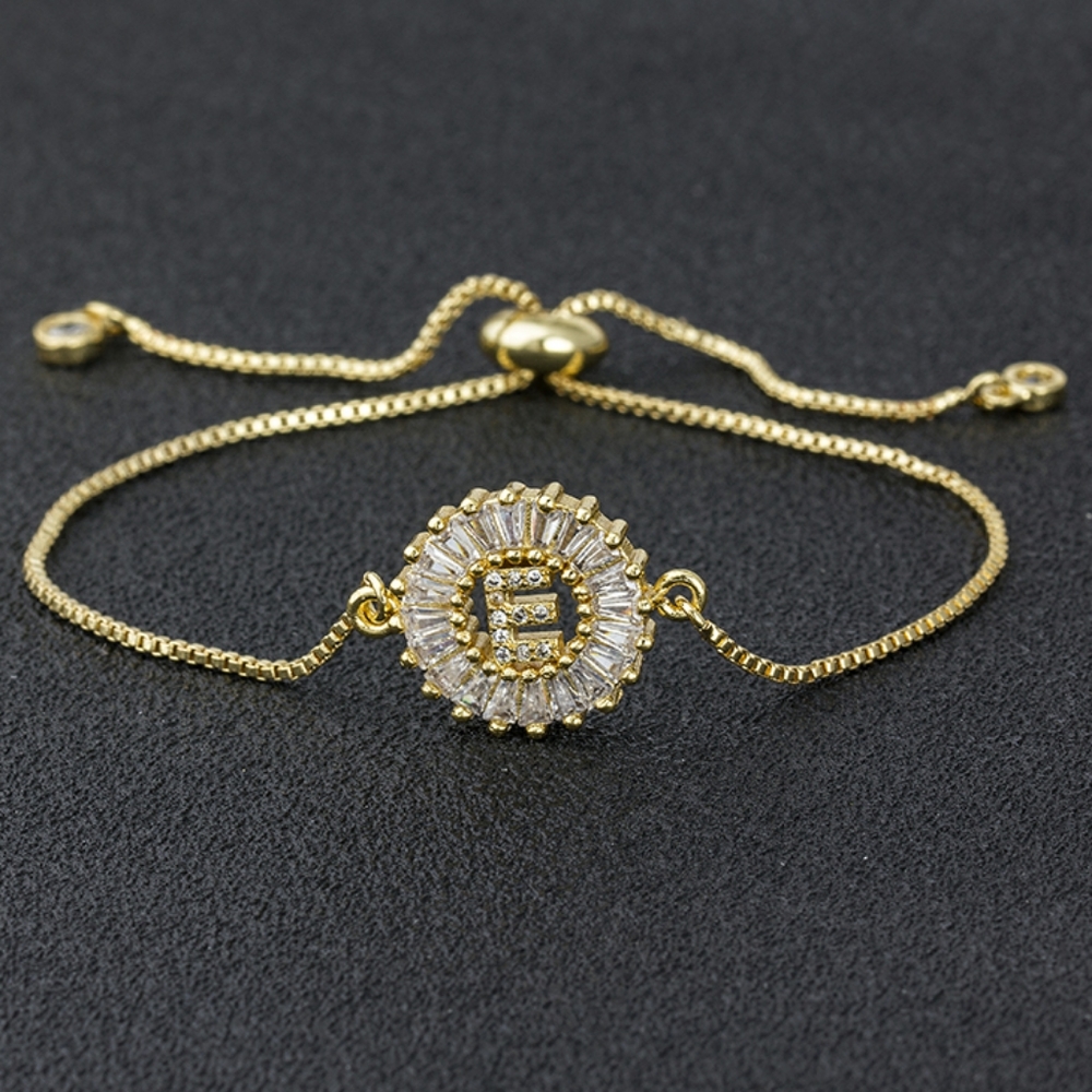 Initial E micro pave cubic zircon 18k gold plated letter charm bracelet
